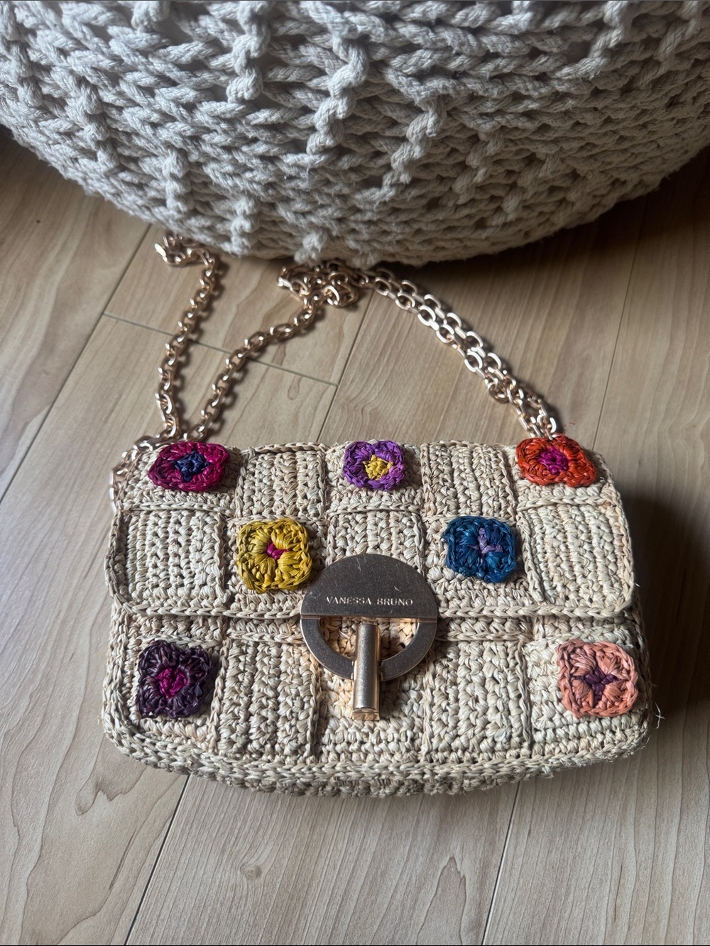 Vanessa Bruno Beige Crochet Crossbody Bag with Multicolor Crochet Accents